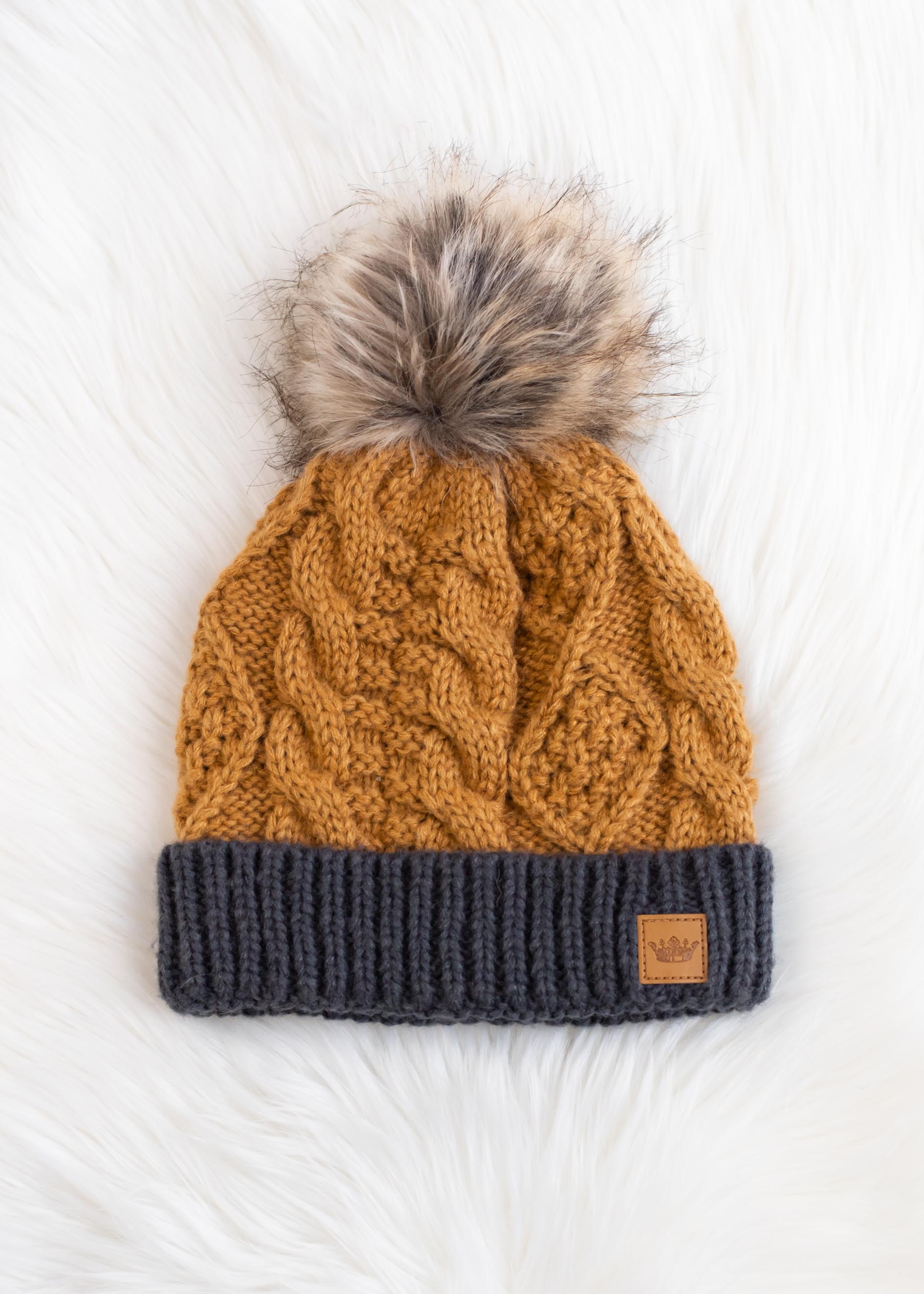 Camel & Grey Cable Knit Beanie