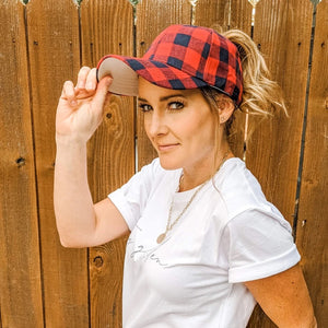 Open image in slideshow, Plaid Polytail Hat- Red or White Buffalo Plaid

