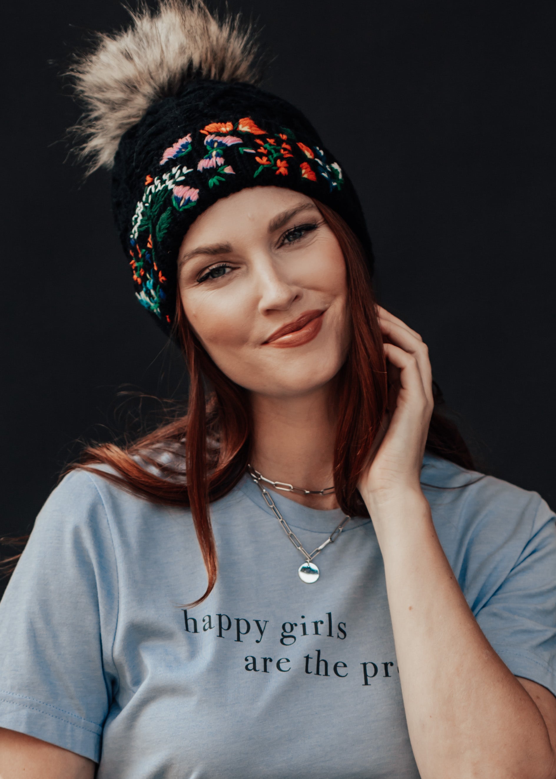 Luxe Embroidered Pom Beanie