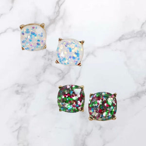 Glitter Cushion Cut Stud Earring- Multicolor