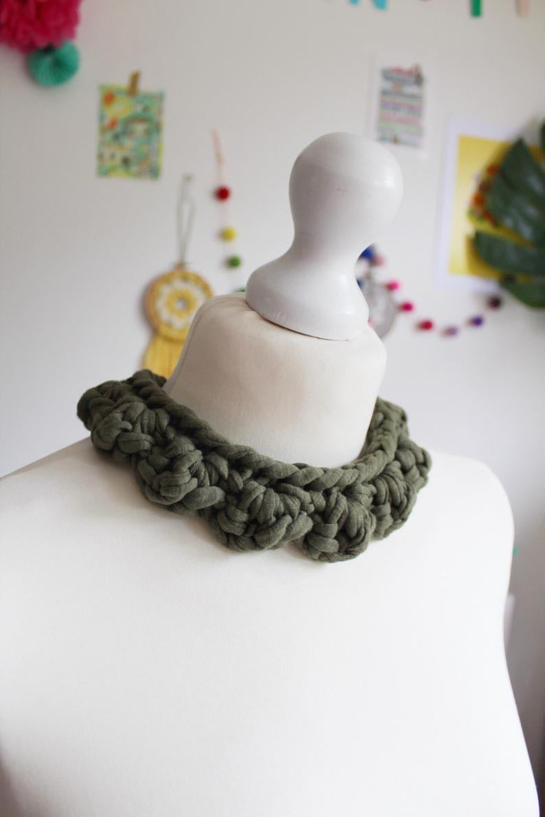 Crochet Recycled Fabric Necklace- Earthy Green