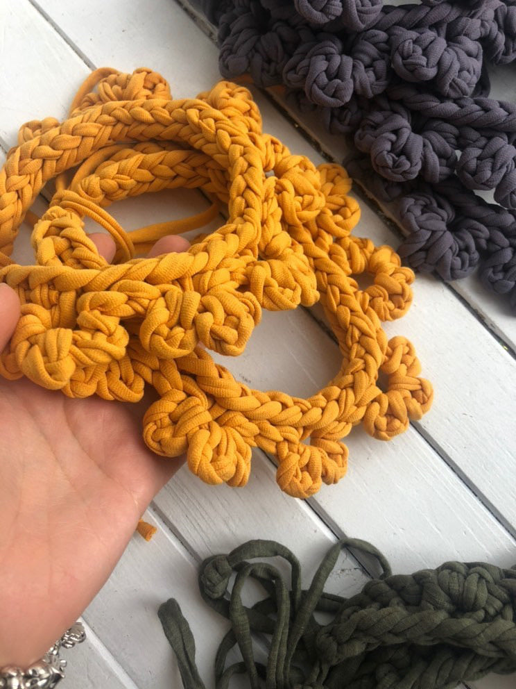 Crochet Recycled Fabric Necklace- Mustard