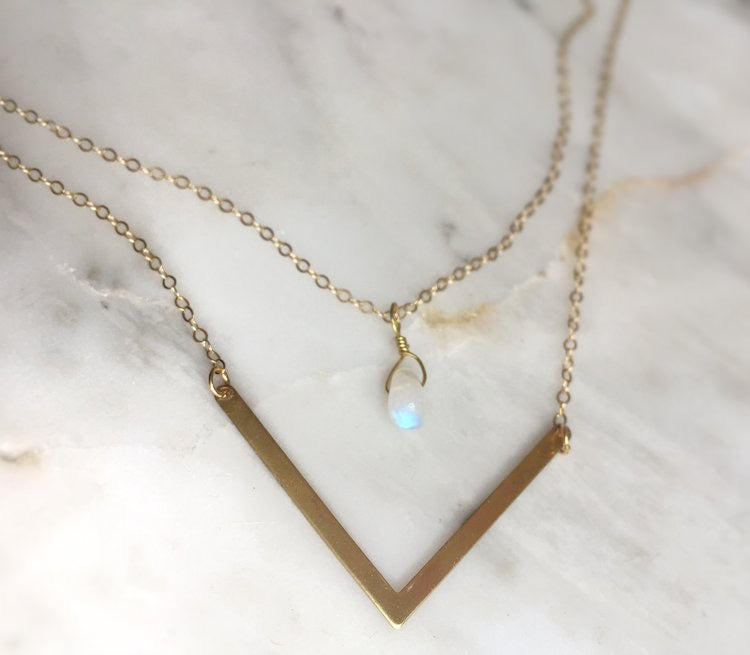 Layered Moonstone & V Double Necklace